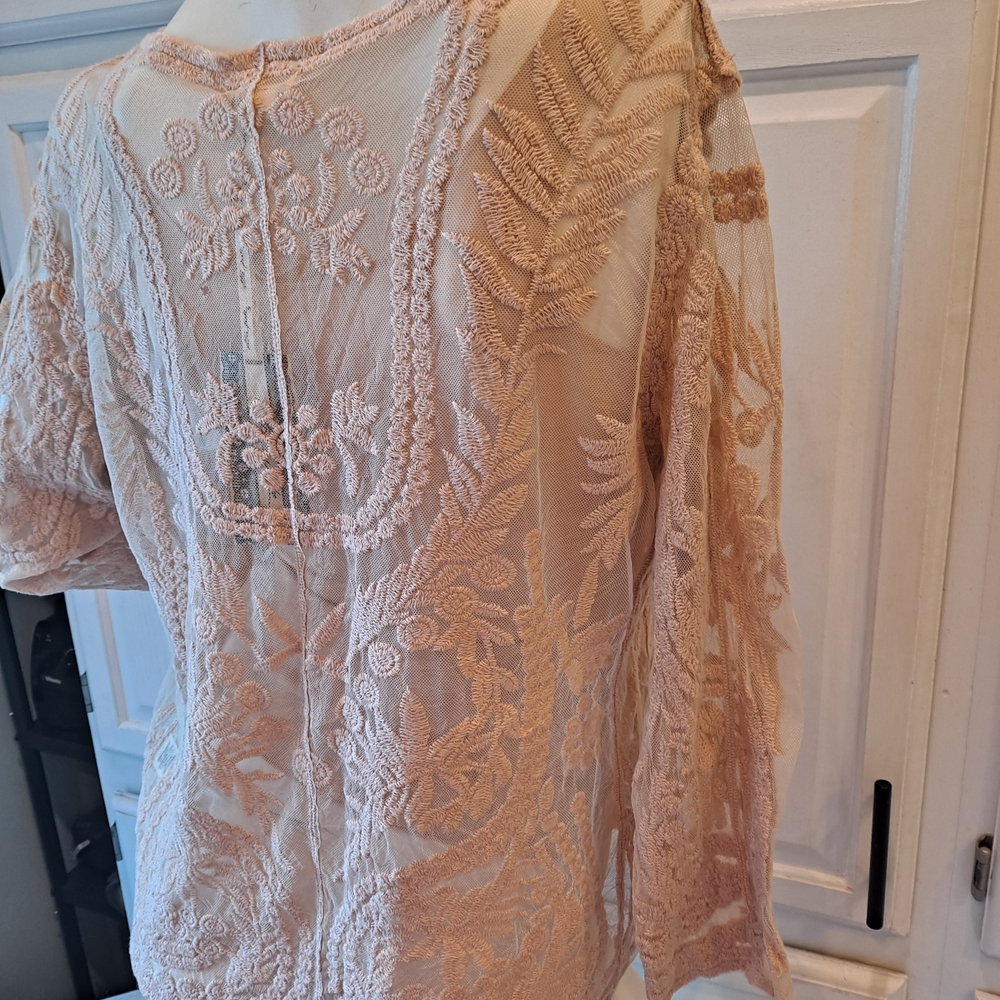 Ultra Pink Blush Dusty Rose Embroidered Sheer Lace Scoop-Neck Blouse - Picture 8 of 12